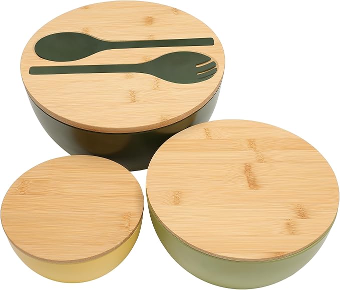 ECOWAY Salad Bowls Set of 3 with Lid & Serving Utensils, Colorful Serving Bowls, Bamboo Fiber Salad Bowls with Bamboo Lid, Kitchen Bowls for Salad, Kitchen Eating, Pasta, Popcorn, Fruit (3 Colors) - Image 6