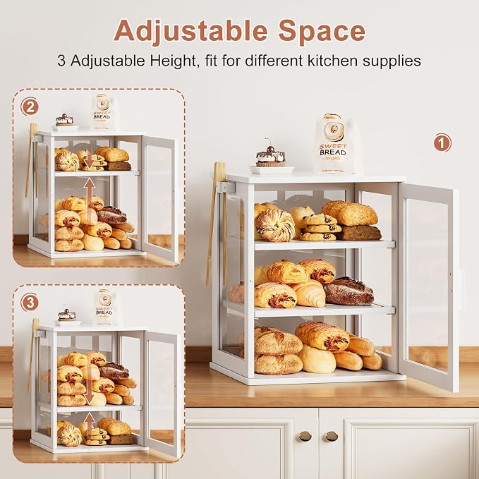 WOWLIVE Bread Box for Kitchen Countertop, 3 Layers Bread Storage Container | Large Bamboo Bread Bin for Homemade Bread with Window, Farmhouse Breadbox Organizer for Kitchen, Cabinet, White, Extra Large - Image 7