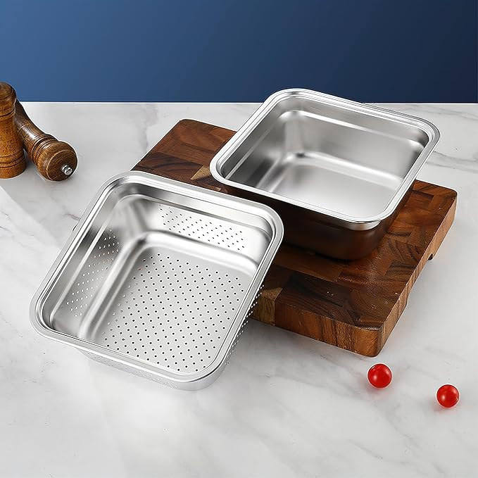 2-in-1 Stainless Steel Washing Up Bowl Set, 12.8" Sturdy Square Dish Tub with Colander, Fruit Vegetable Washing Basin for Sink, Food Grade Dishpan for Draining Rice, Pasta, Food Strainer Mixing Bowl - Image 7