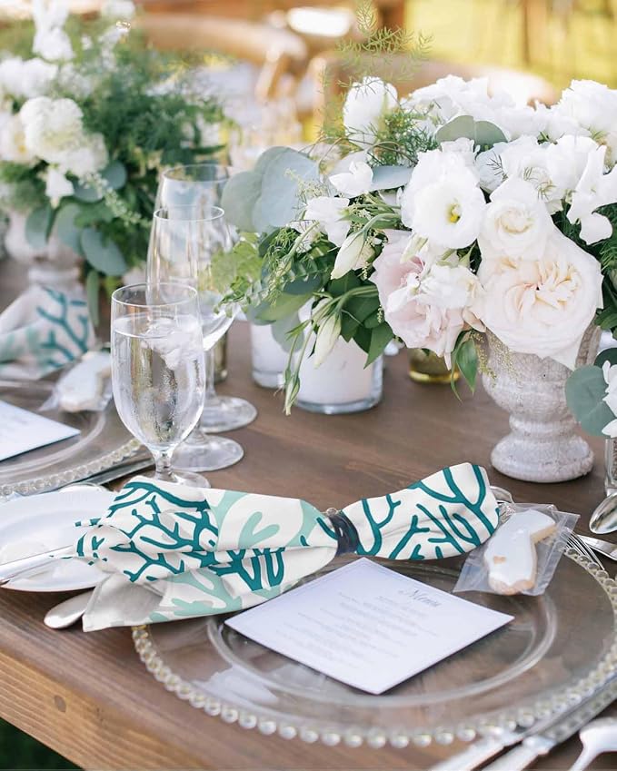 Turquoise Coral Cloth Napkins Set of 8 - Washable Dinner Napkins Reusable Table Napkins for Home Party Weeding Dining Table Setting Decoration, Oversized 20"x20" Gradient Teal Gray Modern White - Image 2