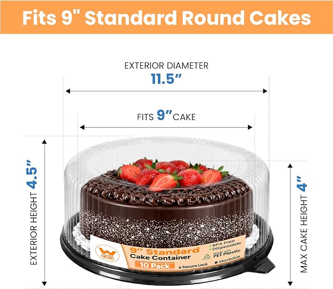 WOW 9in Standard PET Round Cake Carrier, 10-Pack | Fits 9in Cakes, Clear Dome Lid, Stackable, Lightweight, Desserts, Pies, Pastries, 11.5in Diameter - Image 2