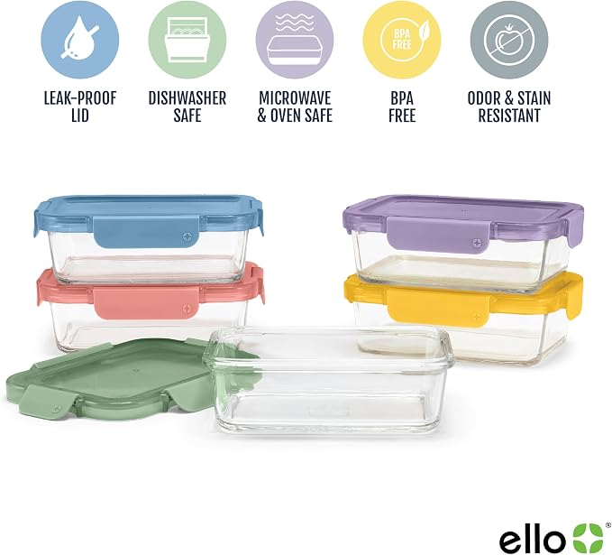 Ello Color Lock Glass Meal Prep Sets Leak-Proof Glass Food Storage Containers with Airtight BPA-Free Plastic Lids, Dishwasher, Microwave, and Freezer Safe - Image 3