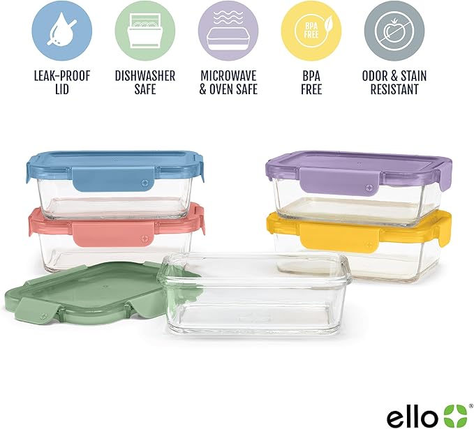 Ello Color Lock Glass Meal Prep Sets Leak-Proof Glass Food Storage Containers with Airtight BPA-Free Plastic Lids, Dishwasher, Microwave, and Freezer Safe - Image 3