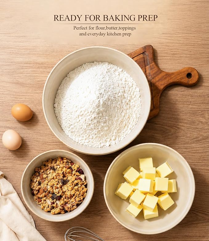 GBhome Ceramic Mixing Bowls Set of 3, Stoneware Nesting Serving Bowls | 45/90/150 oz For Prep, Baking, Serving, Gift, Microwave and Dishwasher Safe, Ribbed Dishware Collection,Cappuccino - Image 2