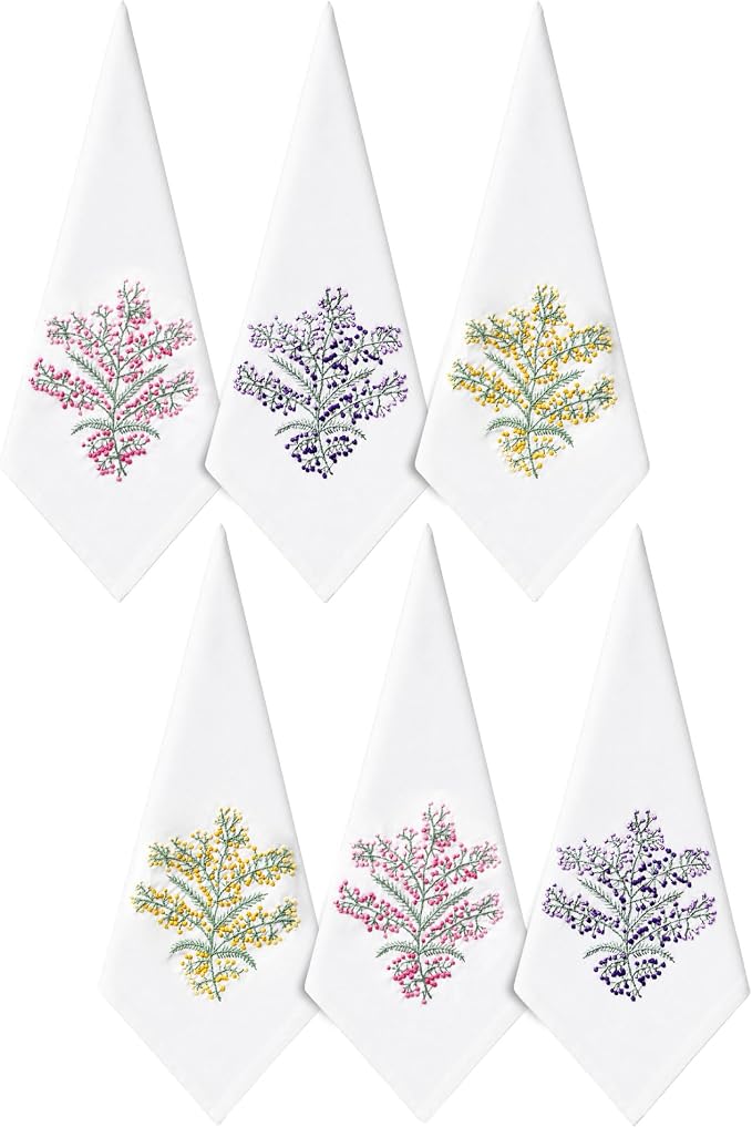 Cloth Tea Napkins Set of 6, Embroidered Cotton Napkins with French Knot Design, Reusable Table Napkins for Dinner, Tea Time, Coffee, Cocktail Settings, 16x16 Inches (Colorful White) by EmbroideryLinenVN