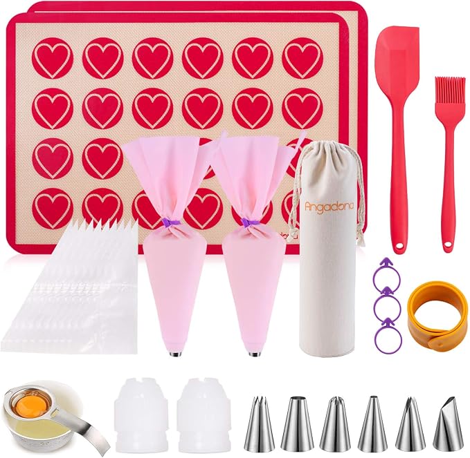Silicone Macaron Baking Mat Kit - (30 in 1) Macaroon Baking Mat Heart Set,2 Half Sheet Macaron Silicone Mat,1 Egg Separator,1 Pastry Brush,1 Spatula,6 Frosting Tips,12 Piping Bags by Angadona