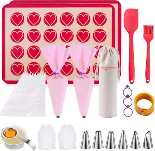 Silicone Macaron Baking Mat Kit - (30 in 1) Macaroon Baking Mat Heart Set,2 Half Sheet Macaron Silicone Mat,1 Egg Separator,1 Pastry Brush,1 Spatula,6 Frosting Tips,12 Piping Bags by Angadona