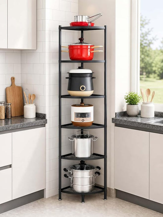 6-Tier Kitchen Corner Pot Rack, Floor Standing Corner Shelf | Narrow Corner Storage, Space Saving, Heavy-Duty Carbon Steel, Thick Solid Grid Shelf, Extra-Large Space Fits Large Cookwares by bimiti