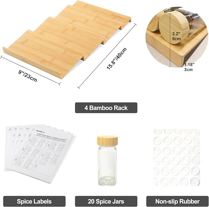 Spice Drawer Organizer with 20 Bamboo-lidded Spice Jars,216 Labels,25 Non-slip Rubber, Bamboo 4 Tier Seasoning Rack Tray Insert for Kitchen Drawers,Cabinets,Countertop,9" Wide x 15.8" Deep - Image 3