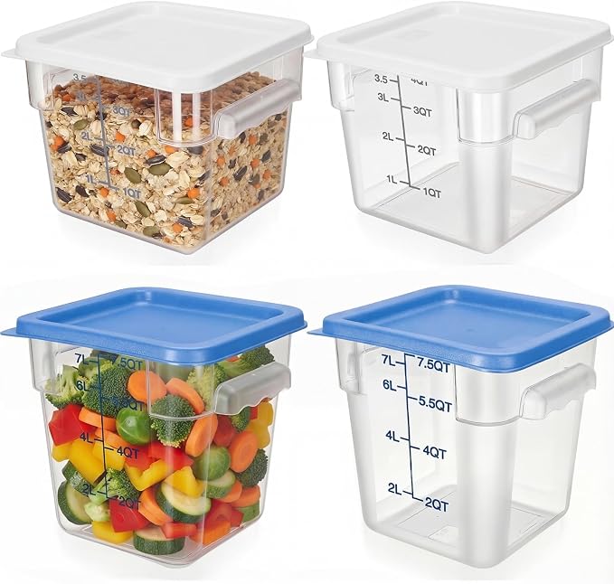 Lallisa 4 Pcs 8qt & 4qt Clear Food Storage Containers with Lids Handles and Scales, Stackable Plastic Square Food Storage Containers for Dough Proofing Baking Kitchen Restaurant(White, Blue) by Lallisa
