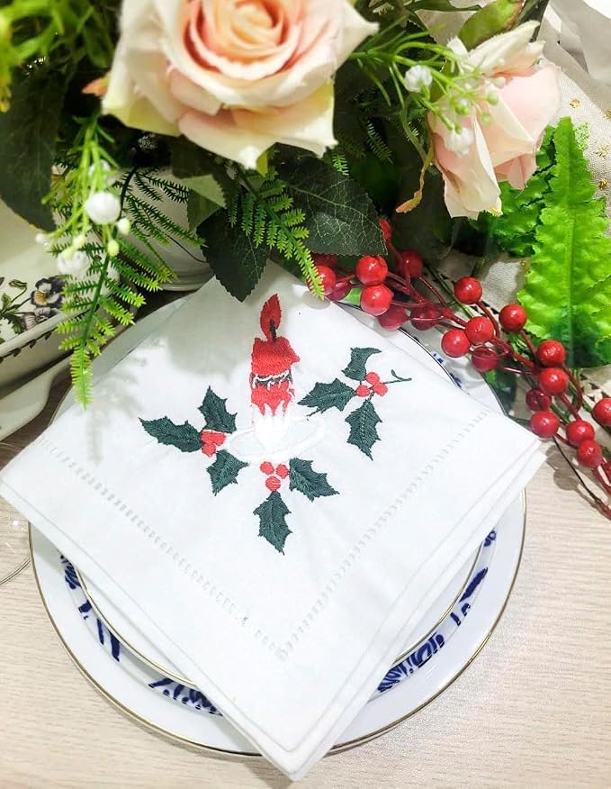 Embroidered Cloth Napkin Candle & Holly Christmas Cotton Napkins Set of 6, 20 x 20 Hemstitch Table Napkins, Machine Washable, Daily & Holidays, Great Gift Ideas - Image 6