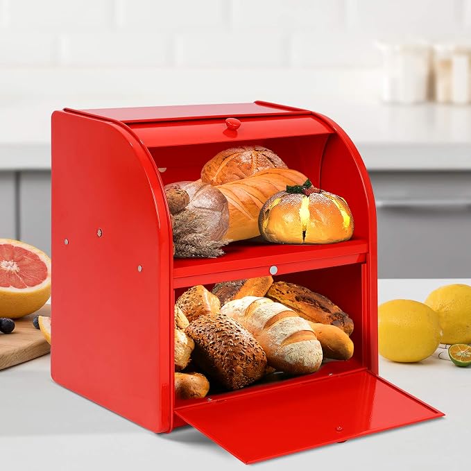 Widousy 2 Layer Metal Bread Boxes, Bread Box Storage Bin Kitchen Container with Roll Top Lid Iron Countertop Containers Metal Food Storage Bread Keeper Large Capacity Home Kitchen Counter（Red） - Image 8