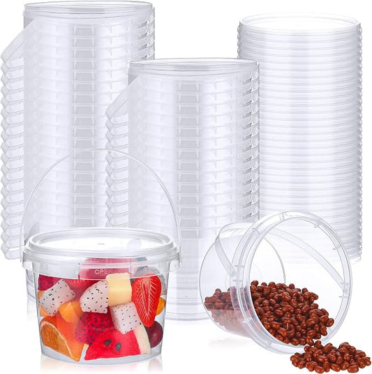 50 Pcs Food Clear Bucket Plastic Gallon Bucket Round Reusable Ice Cream Containers with Lids and Handles Airtight Clear Plastic Tub Freezer Reusable Pail for Popcorn Kitchen Drinks Home(16oz) by Mifoci
