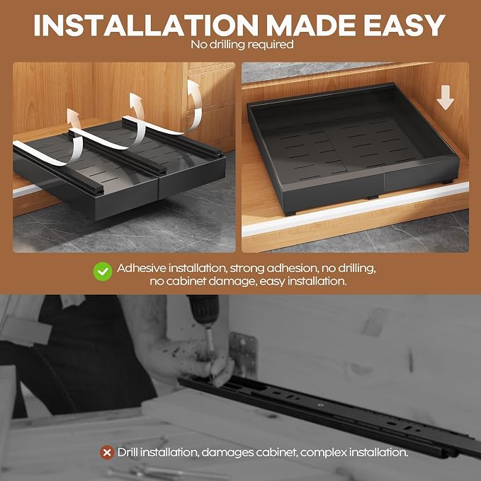 Seinloes 2 Pack Expandable Pull Out Cabinet Organizer 16.5"Deep With Raising Pad for Framed Cabinets,Upgrade 3 Slide Rails Slide Out Drawers,No Drill Roll Out Shelves,Adjustable Width 12.2"-20.4"Black - Image 7