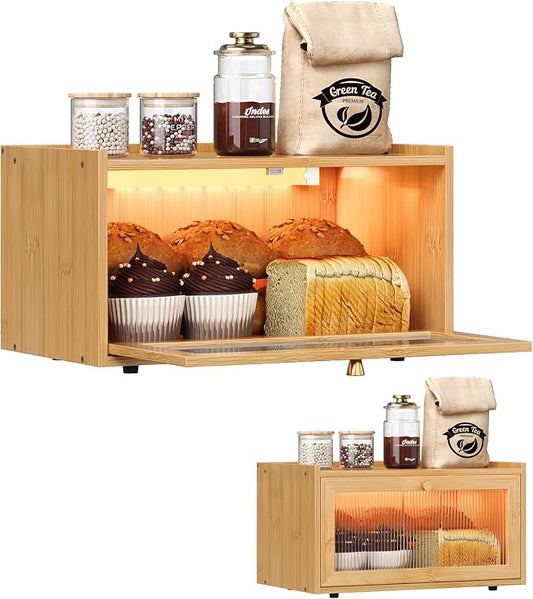 Trironsun Bamboo Bread Box with Led Light for Kitchen Counter Large Capacity Bread Storage Container Kitchen Countertop Organizer with Window Bread Holder (Natural Bamboo) by TrironsunHome