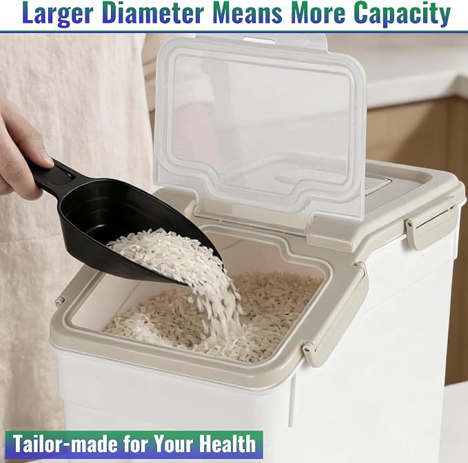Rice Container 25 lbs Large Bulk Flour Sugar Storage Holdhouse Plastic Grain Cereal Dry Goods Bin with Spoon and Measuring Cup for Kitchen Pantry Organization - Grey - Image 5