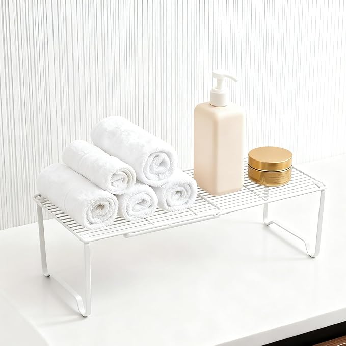 Extendable Metal Wire Shelf Organizer - Adjustable 15-24.4in Length, Stackable Storage Rack for Kitchen, Pantry, Bathroom, Shoe Cabinet & Tool Closet (1 Pack, White) - Image 2