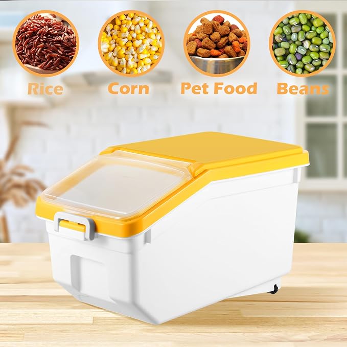 4 Pcs Rice Storage Containers Bulk Flour Sugar Container Wheels Measuring Cups Set Airtight Pet Dog Cat Birds Food Bin Grain Cereal Organizer Box for Dry Baking(Yellow,22 lb) - Image 4
