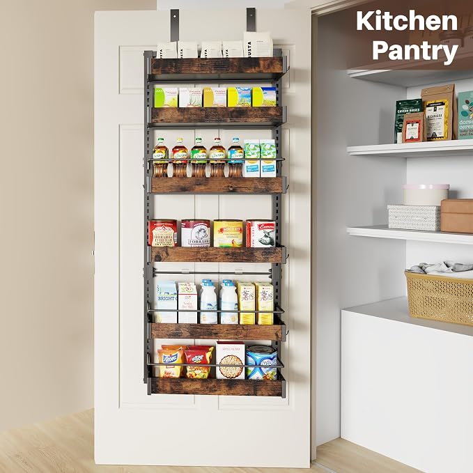 6 Tier Over The Door Pantry Organizer, 2 IN 1 Wall Mount or Metal Hanging Spice Rack for Pantry Organizers and Storage, Seasoning Shelves，Adjustable Basket with Hooks for Kitchen Cabinet and Closet - Image 4