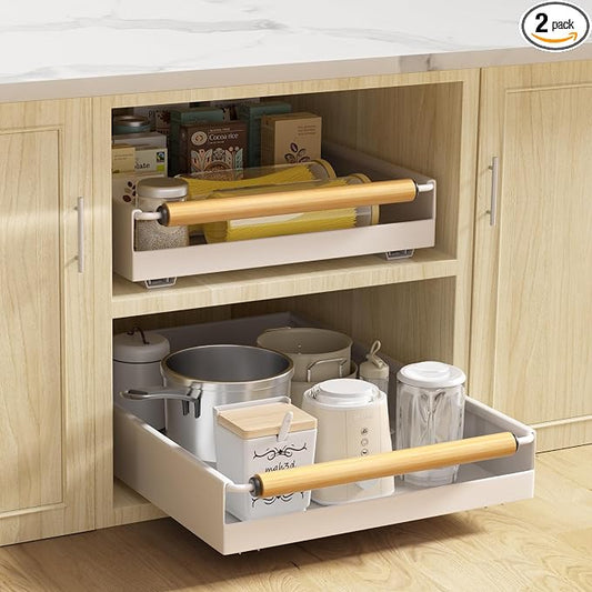 2 Pack No-Drill Pull Out Cabinet Organizer 15.3'' Deep Expandable Slide Out Drawers for Kitchen Pantry & Under Sink Storage, Adhesive Nano Film Mount, White by Upesitom