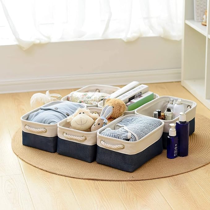 Storage Bins for Shelves - 12x8x5.2 inch 1 Pack Baskets for Gifts Empty, Fabric Storage Cubes for Closet Organizing Dog Gift Cloth Toy (White & Jean Blue) - Image 4
