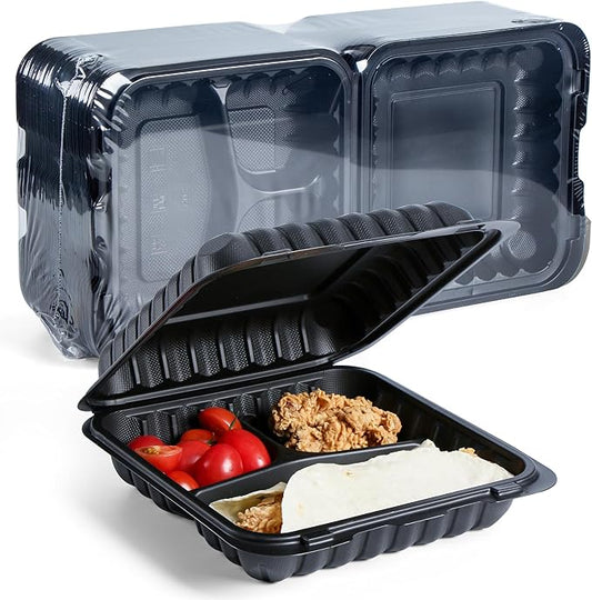 YANGRUI 8x8 34oz 55-Pack Shrink-Wrapped Ready to Use Meal Prep Containers | 3-Compartment Leak-Resistant | Heavy Duty Microwave & Freezer Safe No Pre-Wash Takeout Box | BPA Free Black Commercial Grade by YANGRUI