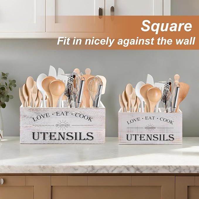 2 PC Wooden Utensil Holder,（With 4-Compartments size*1 + 3-Compartments size*1） Extra Large Kitchen Counter,Cooking Spatula Organizer,Farmhouse Decor, Rustic Cooking Utensil - Image 5