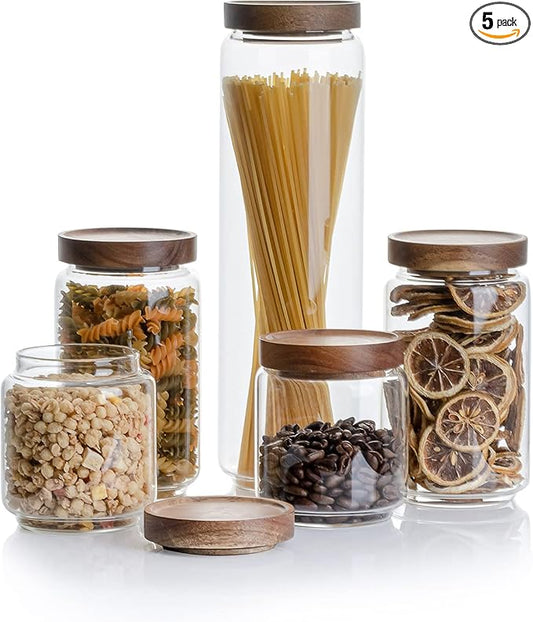 Kanwone Airtight Food Storage Containers with Bamboo lids set of 5, Stackable Food Storage Containers, Glass Canisters for Pantry, kitchen, Flour, Sugar, Tea, Coffee, Pasta, Cookies, Rice and Spice by Kanwone