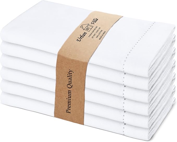 Urban Villa Hemstitch Cloth Dinner Napkins Cotton 20”x20” (Set of 6)-White by CottonTrends