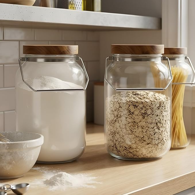 2 Pack Glass Flour Sugar Storage Containers with Handle, 1 Gallon Glass Jars with Airtight Lid, Wide Mouth Large Mason Jars 128oz for Rice, Pasta, Oats, Coffee Storage - Image 3