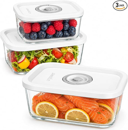 URPOWER Glass Vacuum Seal Containers for Food Storage, 3PCS Set with Lids | 3PCS(16/27/47 fl oz), Airtight Food Storage Containers Stackable for Leftovers, Meal Prep, Refrigerator, Freezer and Pantry by URPOWER