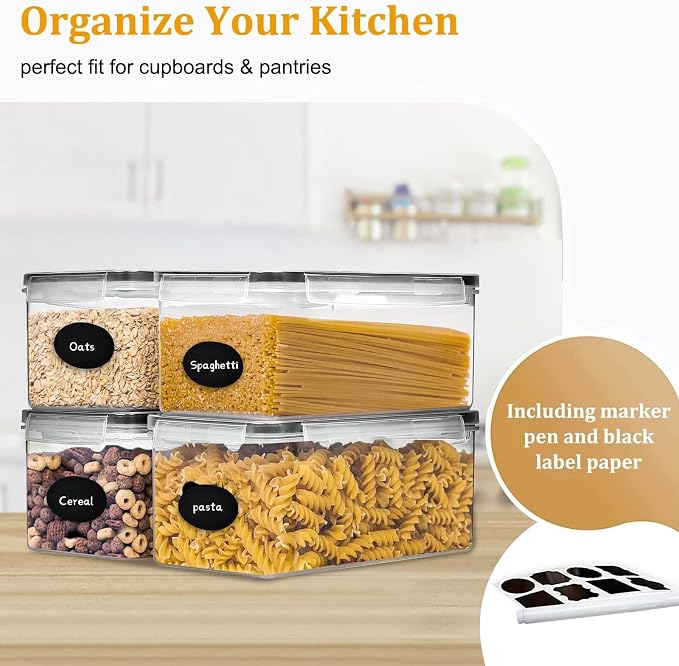 4pc 3.2L Large Airtight Plastic Canisters with Lids, Cups & Labels | Plastic Food Storage with Labels for Spaghetti, Cereal, Oats & Kitchen Pantry Organization, 4 Pack - Image 5
