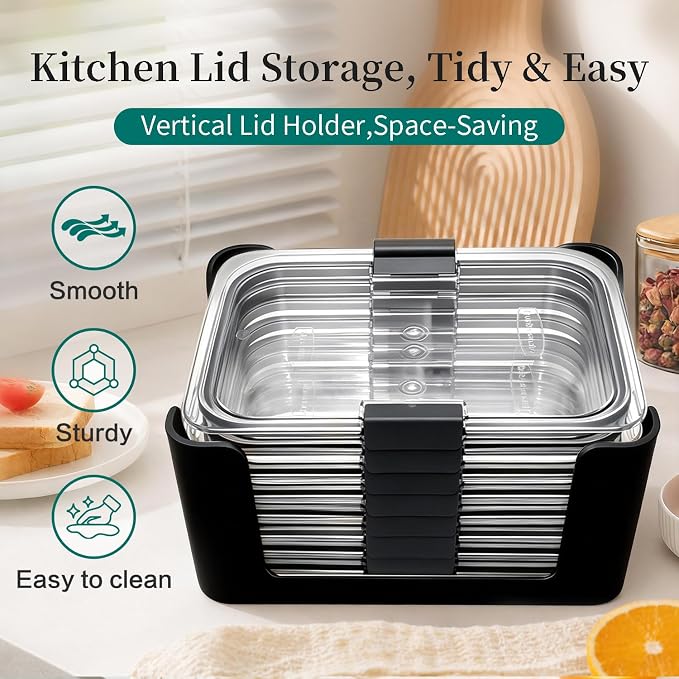 Lids Organizer for Rubbermaid Brilliance,Fits 9.6,4.7 & 3.2,0.5,1.3 Cups | Food Storage Container Lids Organizer for Rubbermaid Brilliance Nap-On Lids,Stackable Lid Organizer--Holds 32 Lids - Image 4
