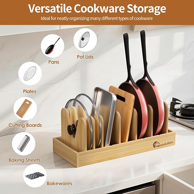 Housolution Bamboo Pot and Pan Lid Organizer Holder Storage Rack | 7 Adjustable Dividers, Upgrade Solid Wooden Base, Easy Assembly - Image 2