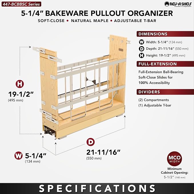 Rev-A-Shelf Pullout Bakeware Organizer w/Soft-Close, Min Opening 5.5" Wide | Wooden Storage Organization w/ Ball Bearing Slides, Full Height Base Kitchen Cabinets, Foil Wrap/Tray Divider, 447-BCBBSC-5C - Image 2