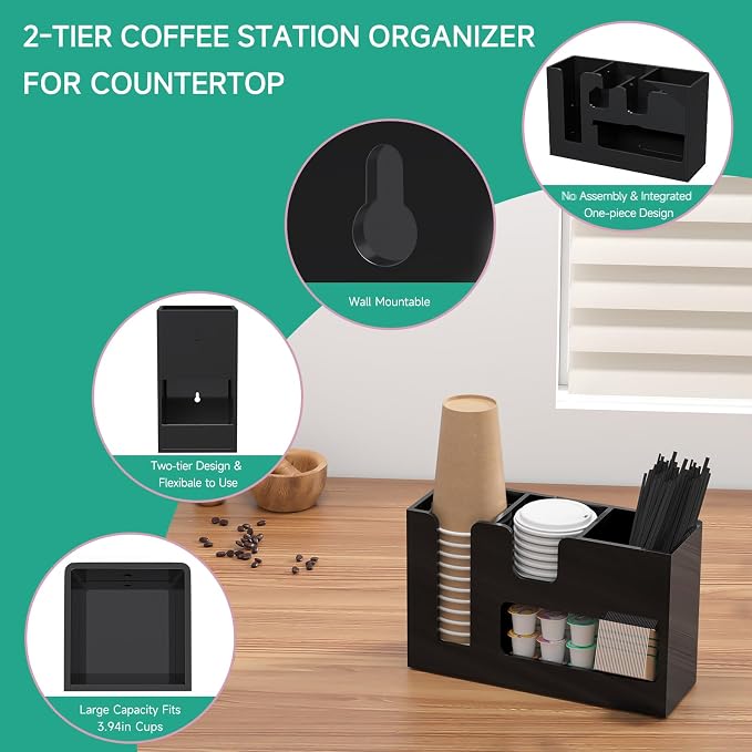 2-Tier Coffee Station Organizer for Countertop, 4 Compartments Black Acrylic Cup and Lid Holder Tea Condiment Storage Upright Coffee Bar Organizer Pod Dispenser for Office Breakroom Home Kitchen - Image 4