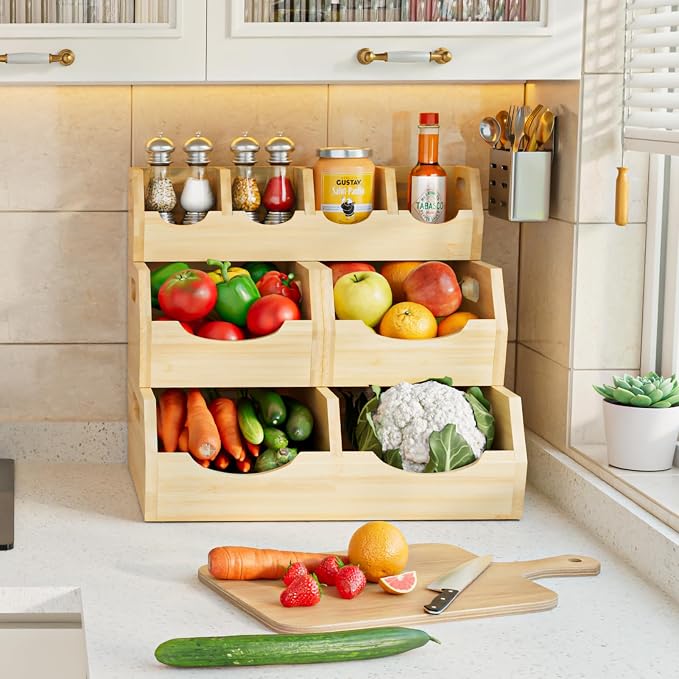 Upgraded 3-Tier Bamboo Pantry Storage Bins, Ventilated Stackable Potato & Onion Organizer w/ Spice Tray & 3 Veggies Baskets for Kitchen, Pantry, Bathroom & Living Room - Image 6