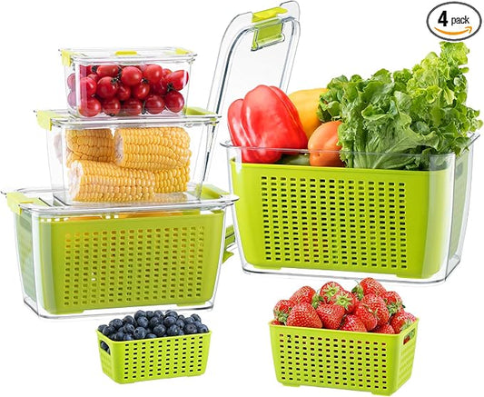 LUXEAR Fruit Vegetable Storage Container, 4 Pack Fresh Containers for Fridge with Lids BPA-Free Produce Refrigerator Organizer for Fruit, Veggie, Berry, Meat Storage Keep Fresh Longer-Green by Luxear