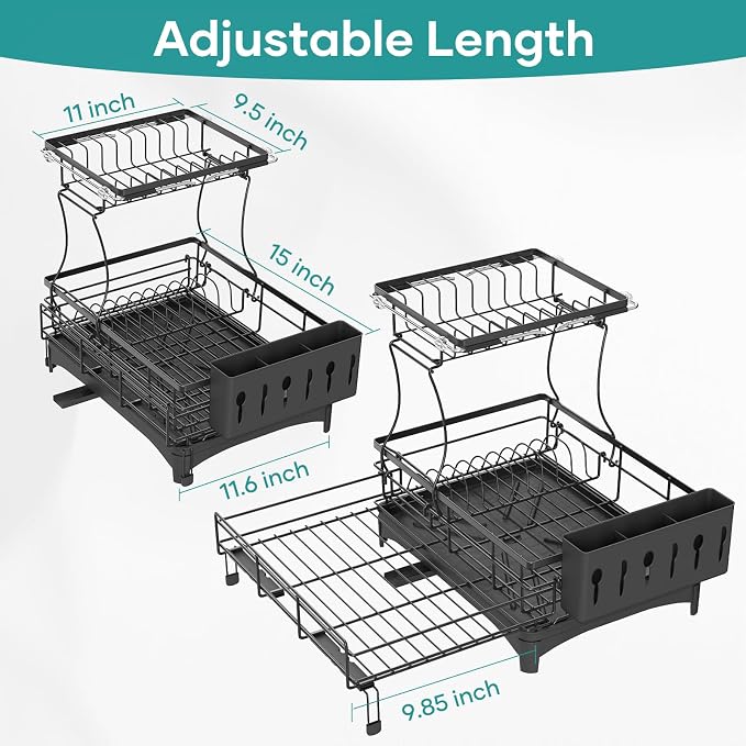 Dish Drying Rack for Kitchen Counter, Extendable Dish Rack with Drainboard, Kitchen Countertop 2 Tier Dish Drying Rack, Expandable Dish Strainer with Cutlery Holder, Removable Cutlery Holder（Black） - Image 2