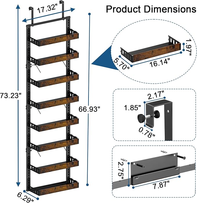 BUKFEN 8-Tier Over the Door Pantry Organizer, Adjustable Wooden Basket | Door & Wall Mounted Spice Rack, 16 Hooks, Heavy-Duty Metal Over Door Organization Storage for Kitchen, Bathroom, Closet - Image 7