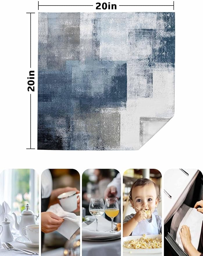 Blue Grey White Block Cloth Napkins Set of 8, Geometric Oil Painting Abstract Art Dinner Napkins Cloth Washable, Cocktail Napkins Reusable for Wedding, Party, Birthday (20"x20") - Image 5