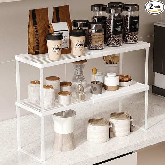 Magheo Expandable Kitchen Countertop Organizer, 2 Pack Stackable Cabinet Shelf Risers, Metal Spice Rack Heavy Duty Counter Organizer Storage for Kitchen, Pantry, Cupboard, Rv (8.7in Height,White) by MAGHEO