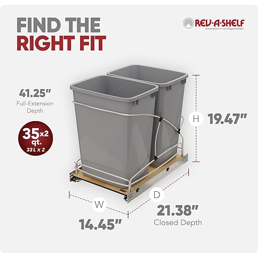 Rev-A-Shelf Double Pullout Trash Can w/Soft-Close Slides, 14.5" Min Opening | Large Capacity Garbage/ Recycling Waste Bins for Under Kitchen Cabinets, Heavy Gauge Wire Construction, 54WC-1835SC-17-1 - Image 3