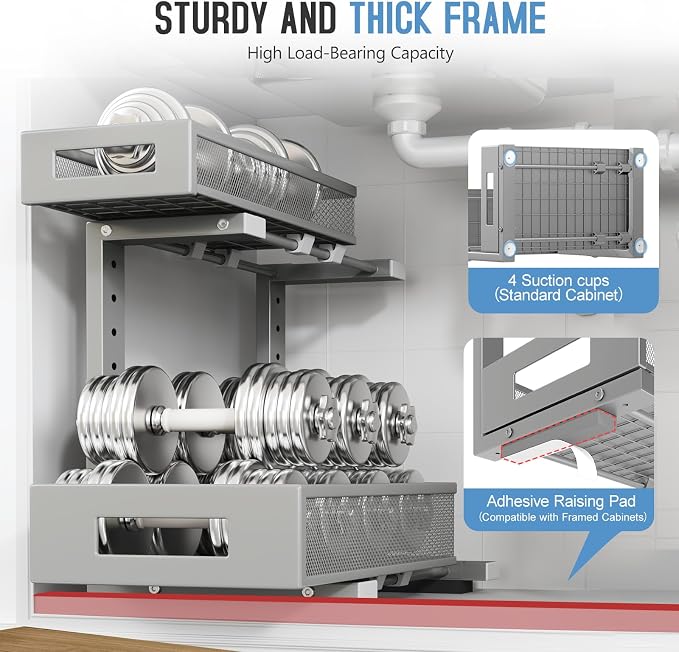 1 Pack-11.4"-16.14" H Under Sink Storage Organizer, Large 2-Tier Elegant Mesh Pull Out Shelf for Kitchen & Bathroom Cabinet Organization, L-Shaped, Adjustable Height-Gun Gray - Image 3