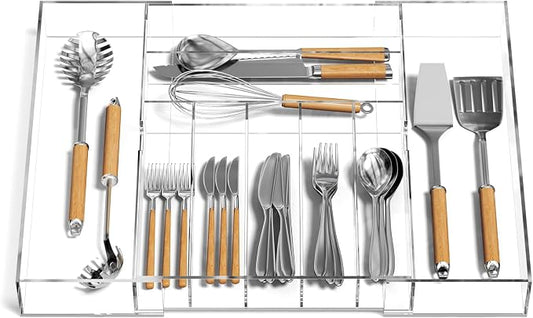 NIUBEE Acrylic Utensil Silverware Tray for Drawer, Clear Cutlery Organizer | Expandable Silverware Organizer for Flatware, 9 Compartments Adjustable Utensil Organizer,Clear Silverware Holder for Kitchen by NIUBEE