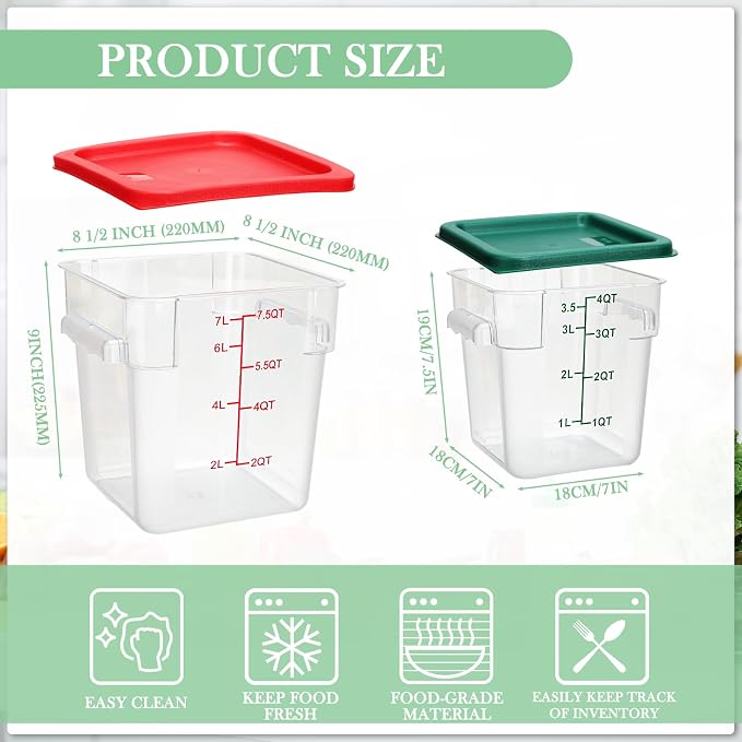 Lallisa 4 Pcs 8qt & 4qt Clear Food Storage Containers with Lids Handles and Scales, Stackable Plastic Square Food Storage Containers for Dough Proofing Baking Kitchen Restaurant(Red, Green) - Image 2