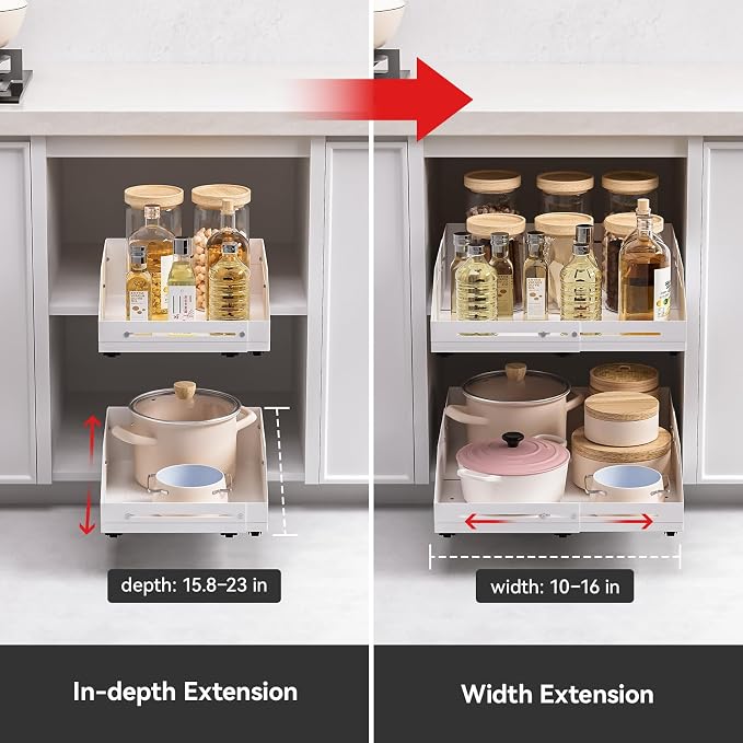 Pull Out Cabinet Organizer 15.8"-23"D&10"-16"W Raised Walls White | 5.5" Raised Side Walls Zero-Drill Adhesive Install 4-Way Expandable Design Triple-Rail Smooth Glide For Kitchen Cabinets - Image 4