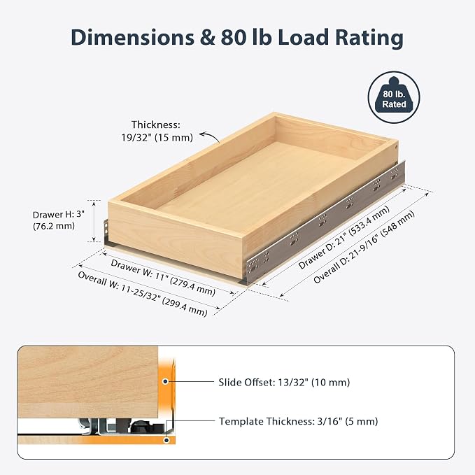 Pull Out Drawers for Kitchen Cabinets 11" W x 21" D Birch Wood | Pull-Out Cabinet Drawer, Slide Out Shelf, Concealed Soft-Close Full-Extension Slides, Bottom & Side Mount, 80 lb Heavy-Duty - Image 2