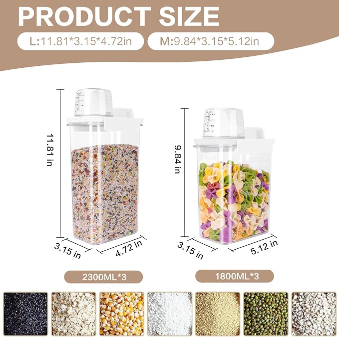 Air Tight Cereal Container Organizer Set of 6 - 1800ML & 2300ML Total 417oz, Dry Food Storage for Pet Food, Rice, Oatmeal with Pour Spout Lid and Plastic Small Measuring Cup for Flour and Sugar - Image 3
