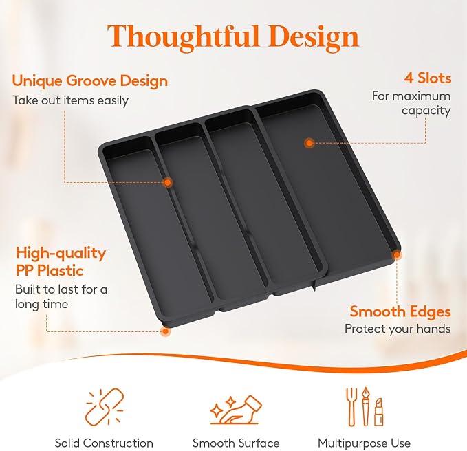 Lifewit Utensil Organizer for Kitchen Drawer, Expandable Cooking Silverware Tray, Adjustable Cutlery Flatware Holder, Plastic Spatula Tools Storage Divider, 17.3 x 15.8", Black - Image 6